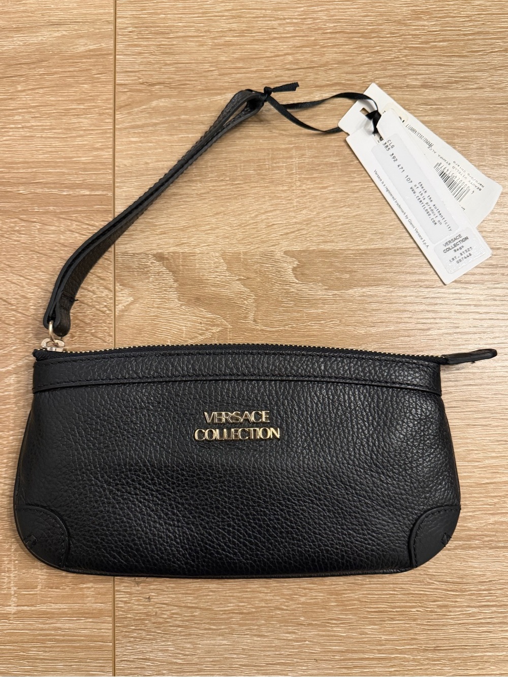 NWT Versace Collection Black Leather Wristlet Clutch Bag Made In Italy